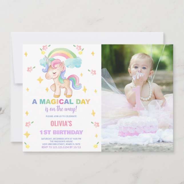 Floral Rainbows Unicorn Birthday Invitations photo (Devant)