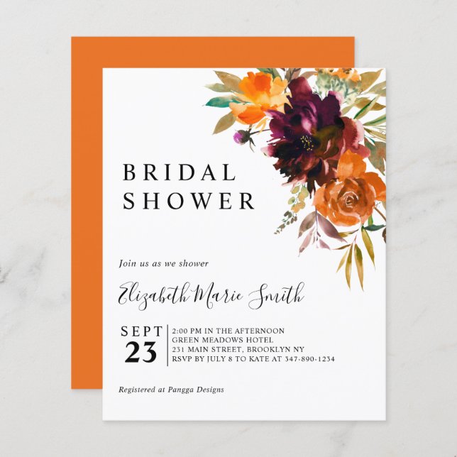 Floral Red Fall Budget Douche nuptiale Invitation (Devant / Derrière)