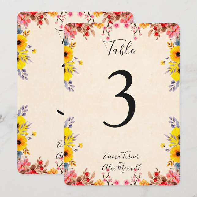 Floral romantique | Cartes de numéro de tableau (Devant / Derrière)