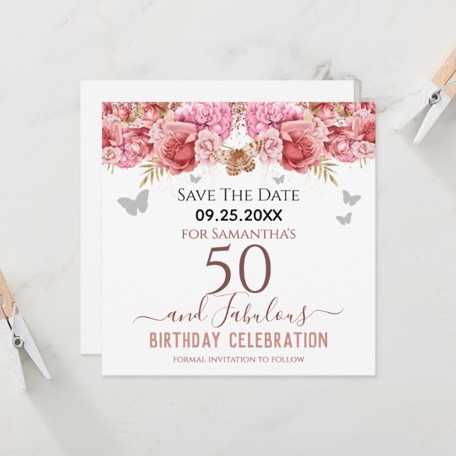 Floral rose 50e anniversaire Enregistrer la date (Devant/Arrière en situation)