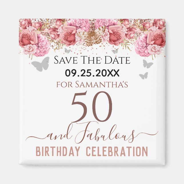 Floral rose 50e anniversaire Save the Date Magnet (Devant)