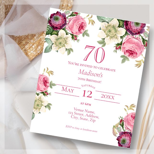 Floral rose | 70e Invitation d'anniversaire du bud (Créateur téléchargé)