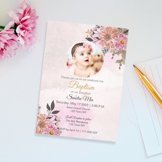 Floral rose avec invitation photo Baptême (Pink Floral with Photo Baptism Invitation)