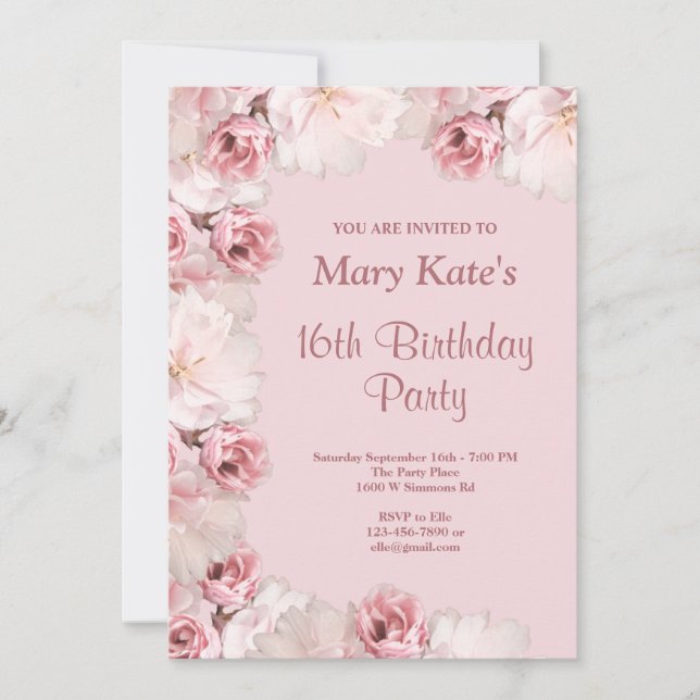 Floral rose/blanc 16e anniversaire Invitation de f (Devant)