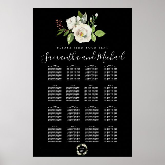 Floral Rose blanc sur tableau noir 16 tables (Devant)