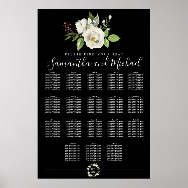 Floral Rose blanc sur tableau noir 18 tables (Devant)