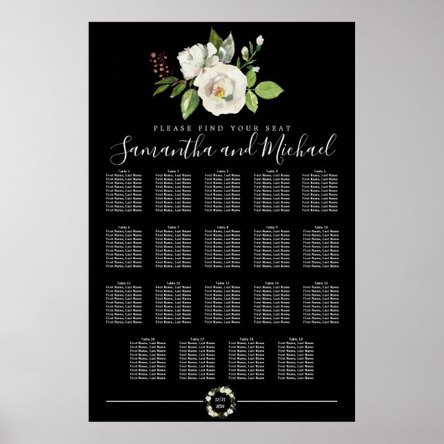 Floral Rose blanc sur tableau noir 19 tables (Devant)