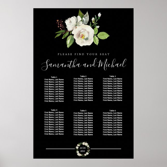 Floral rose blanc sur tableau noir 6 tables (Devant)