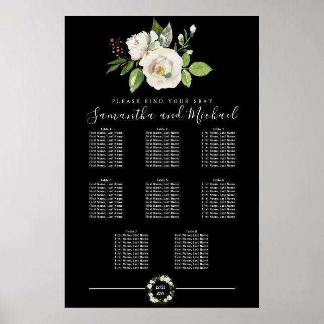 Floral rose blanc sur tableau noir 8 tables (Devant)