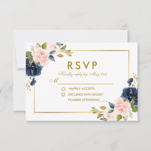 Floral rose Blush Blue Wedding RSVP Gold (Devant)