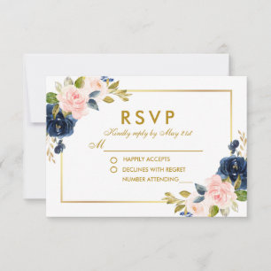 Floral rose Blush Blue Wedding RSVP Gold