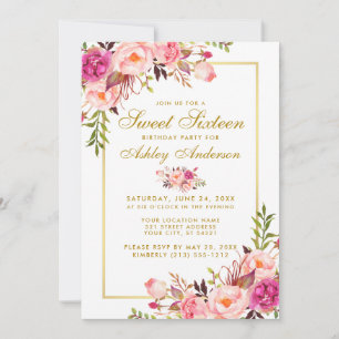 Floral Rose Blush Gold Sweet 16 Invitation d'anniv