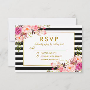 Floral rose Blush or noir rayures RSVP Mariage