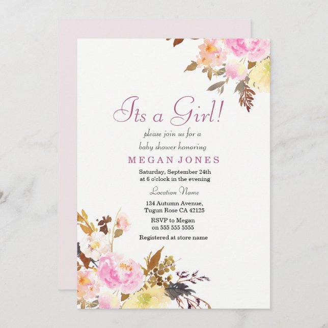 Floral rose doux c'est une fille Invitation Baby s (Devant / Derrière)