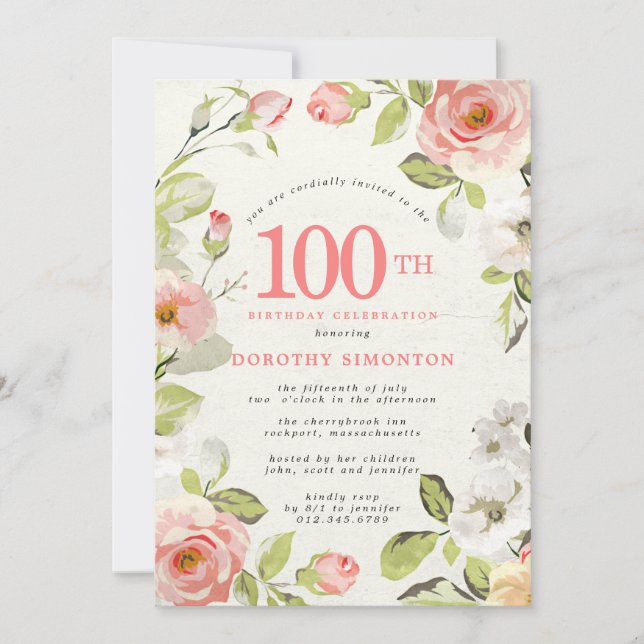 Floral rose et blanc 100e anniversaire Invitation (Devant)