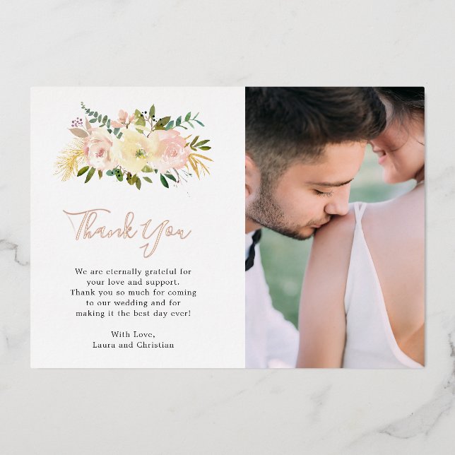 Floral Rose Gold Photo Mariage Carte de remercieme (Recto)