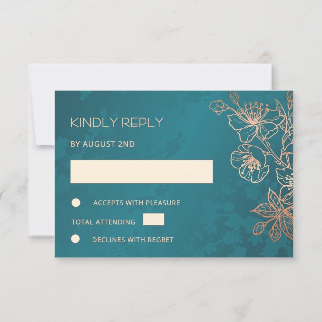 Floral Rose Gold Teal Wedding RSVP (Devant)