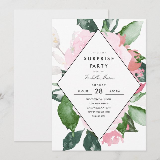 Floral rose | Invitation Surprise Party (Devant / Derrière)
