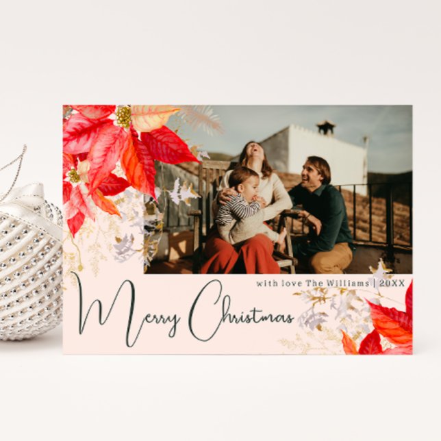 Floral rose Joyeux Noël Deux photos Carte de vacan (Créateur téléchargé)