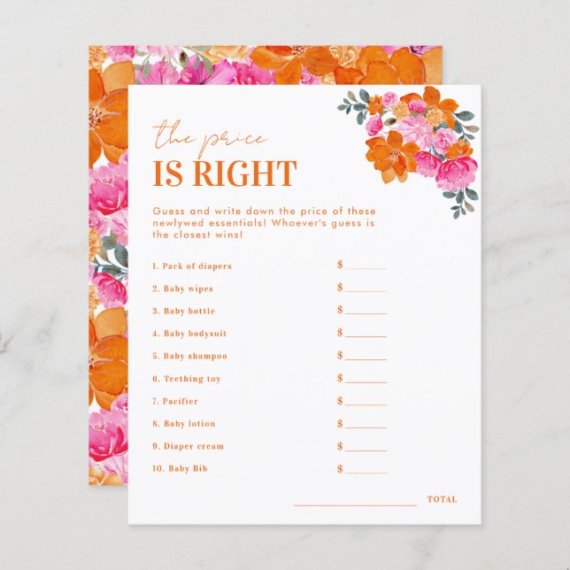 Floral rose Le prix est bon jeu Baby shower (Devant / Derrière)