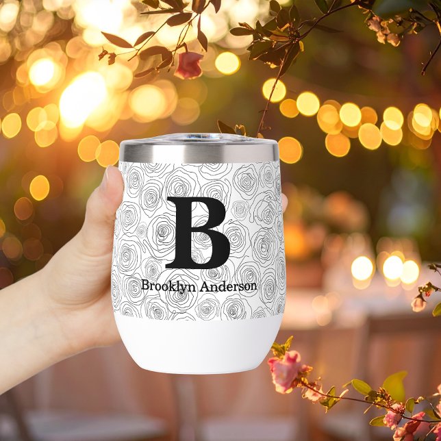 Floral Rose Monogram Wedding Black And White  (Créateur téléchargé)