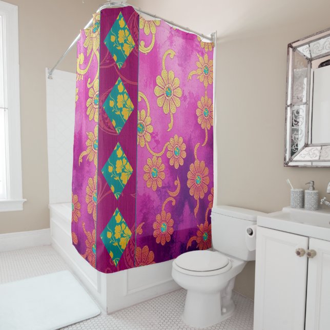 Floral rose Oriental - Rideau de douche (En situation)