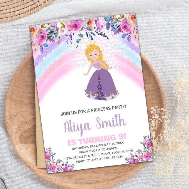 Floral rose princesse Invitations d'anniversaire (Floral Pink Princess Birthday Invitations)