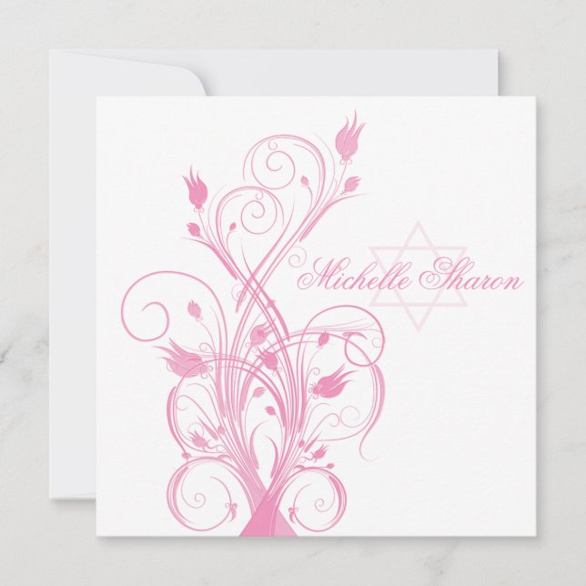 Floral rose sur invitation Bat mitzvah blanche (Devant)