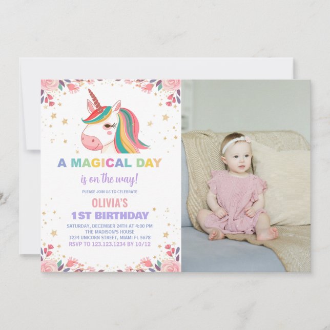 Floral Rose Unicorn Anniversaire Invitations avec  (Devant)