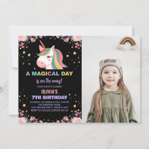 Floral Rose Unicorn Anniversaire Invitations photo