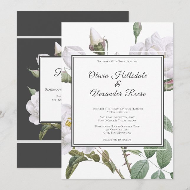 Floral Roses Blanches Élégant Mariage Invitation (Devant / Derrière)