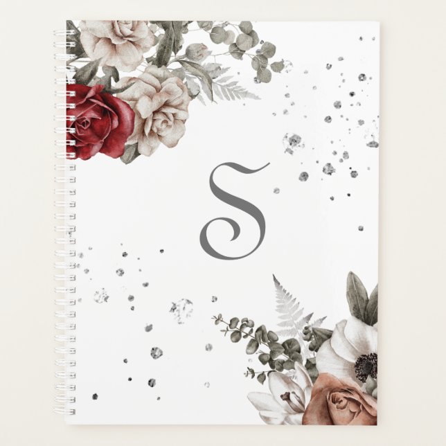 Floral Roses Rouges Monogramme Moderne (Devant)