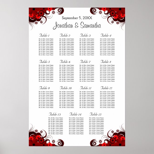 Floral Rouge & Blanc 15 Tables Mariages Tableau de (Devant)