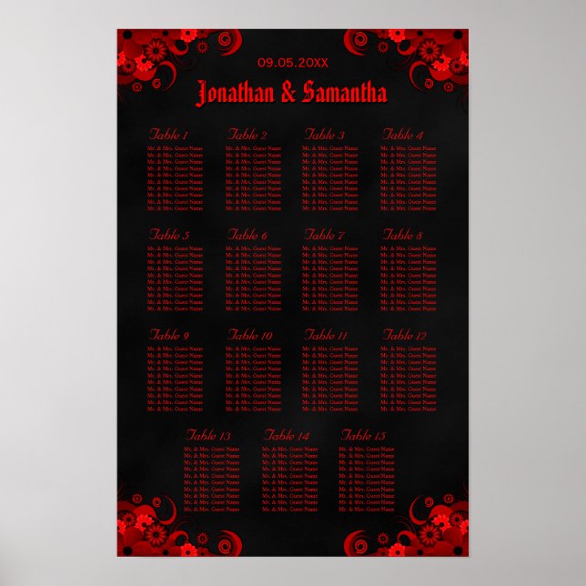Floral Rouge & Noir 15 Tables Mariages Tableau de  (Devant)