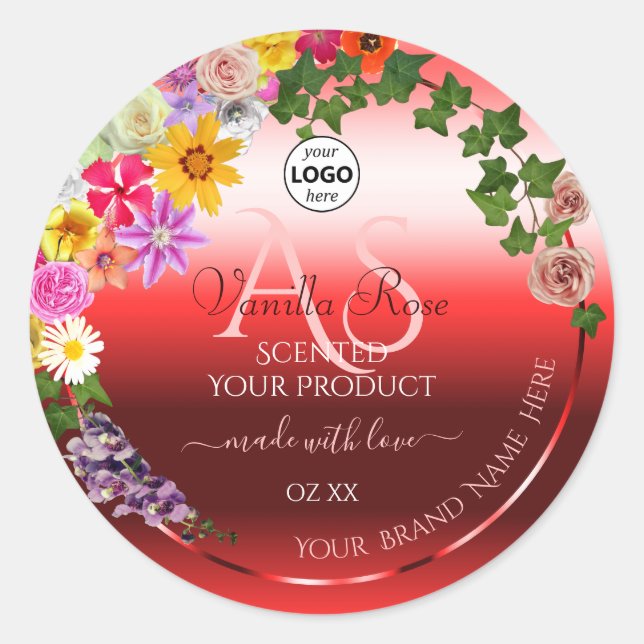 Floral Ruby Rouge Ombre Produit Étiquettes Monogra (Devant)