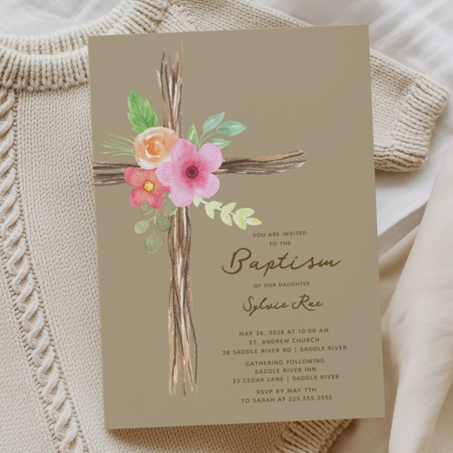 Floral Rustic Cross Baptism Invitation (Créateur téléchargé)