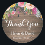 Floral Rustic Merci Mariage Favoriser Stickers<br><div class="desc">Fleur rose Florale Rustique Merci Mariage Favoriser Stickers. Arrière - plan rustique en bois. Vintage Country Retro. Customisez avec vos Noms et Date.</div>