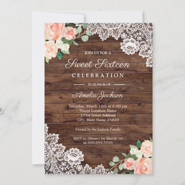 Floral Rustique dentelle Sweet sixteen Invitation (Devant)