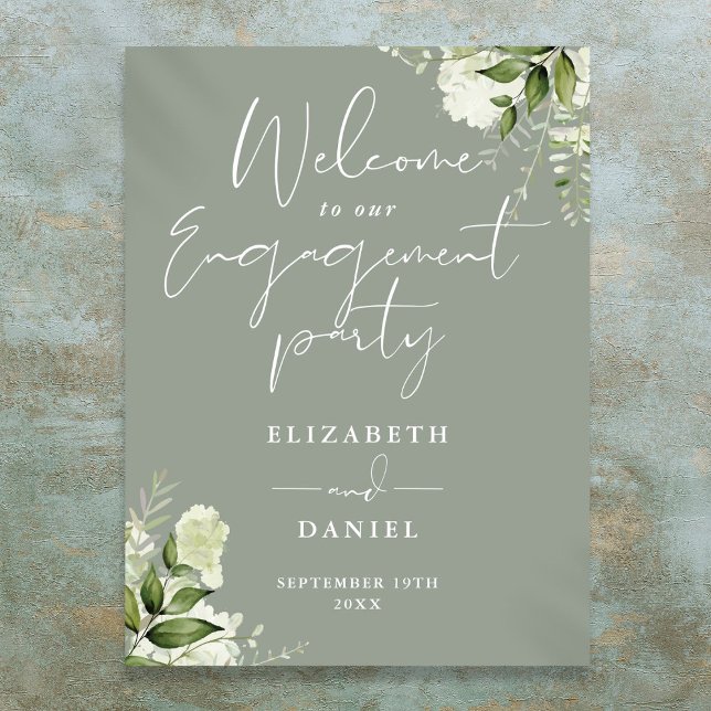 Floral Sage Green Engagement Affiche de bienvenue (Floral Sage Green Engagement Party Welcome Sign)
