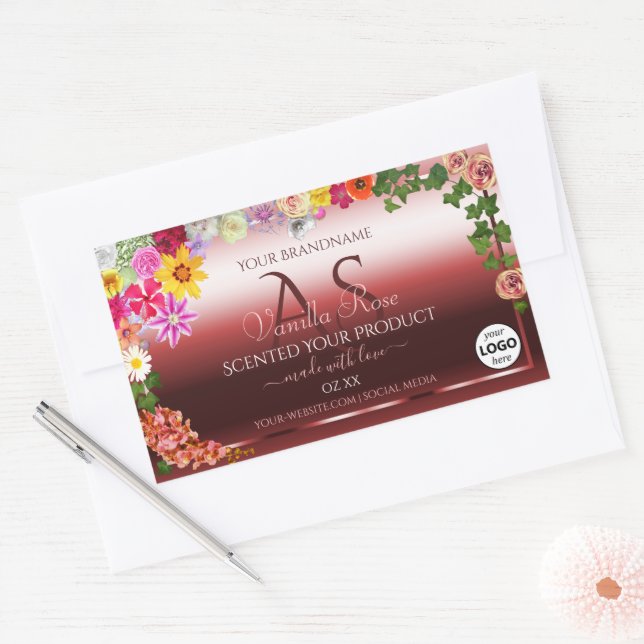 Floral Shimmery Rouge Étiquette Monogramme Logo (Enveloppe)
