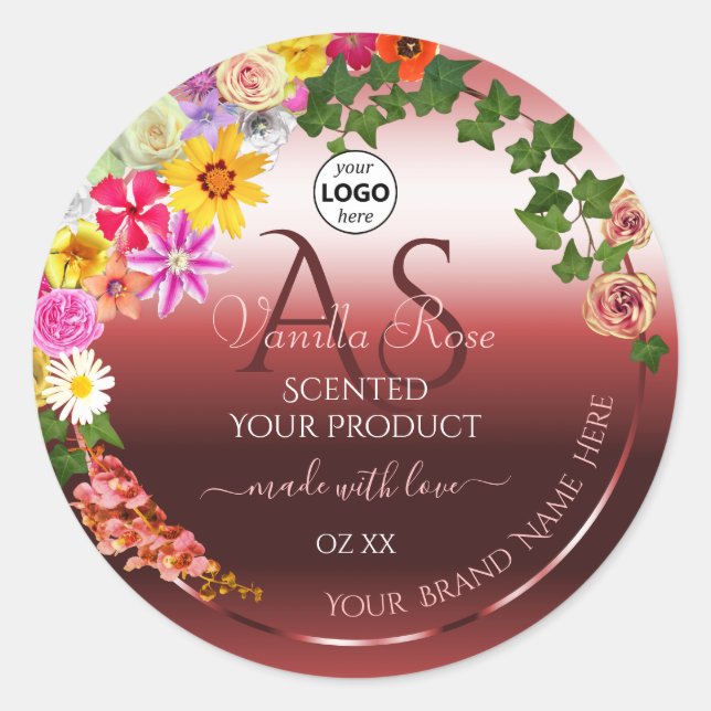 Floral Shimmery Rouge Étiquette Monogramme Logo (Devant)