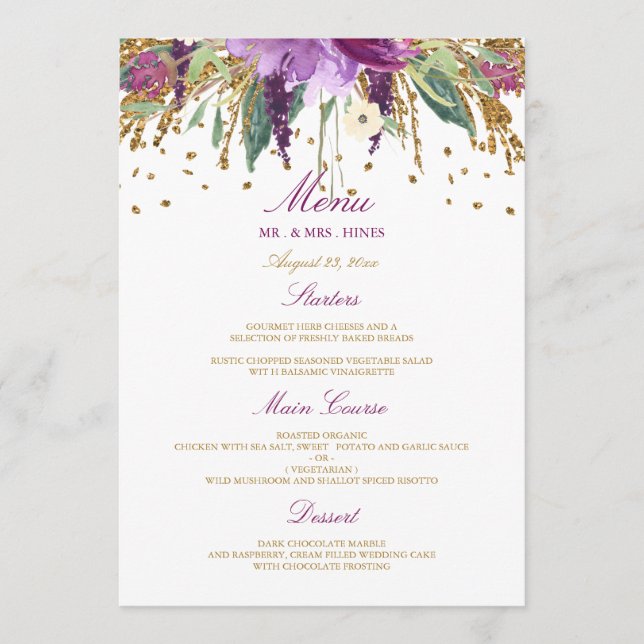 Floral Sparkling Amethyst Dîner Mariage Menu (Devant)