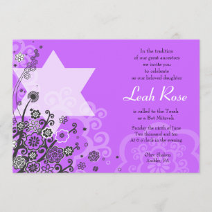Floral Star of David Bat mitzvah Invitation Violet