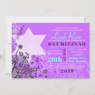 Floral Star of David Bat mitzvah Invitation Violet