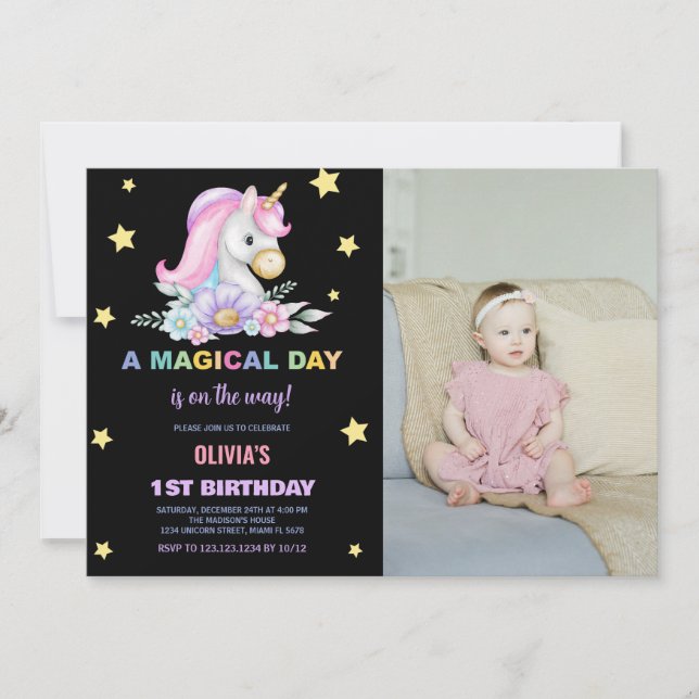 Floral Stars Unicorns Birthday Invitations photo (Devant)