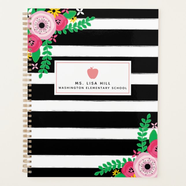 Floral Stripes Pomme rose Planificateur enseignant (Devant)