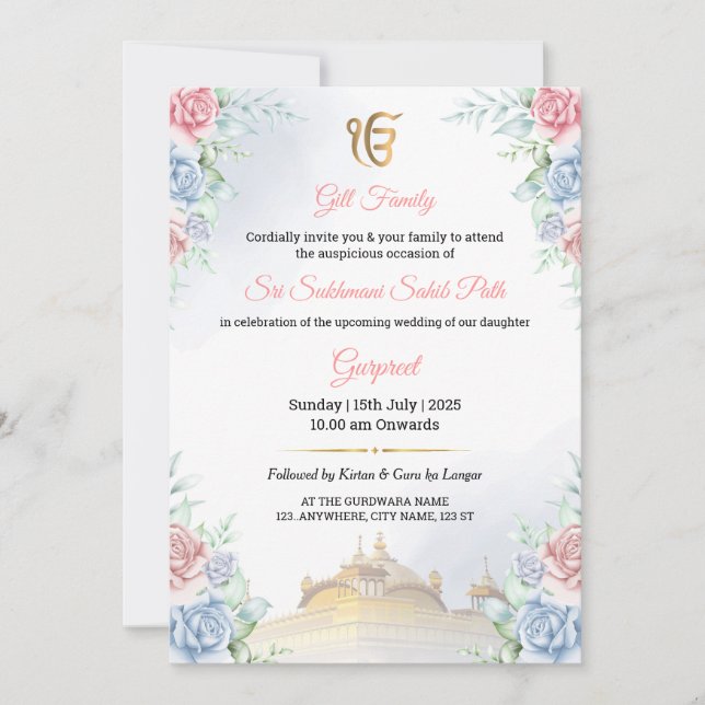 Floral Sukhmani Sahib Path Invitation card (Devant)