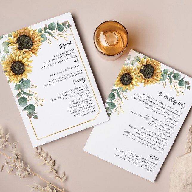 Floral Sunflower Programme de mariage vert (Sunflower Eucalyptus Greenery All-in-One Wedding Invitation)