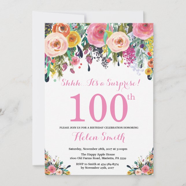 Floral Surprise 100e anniversaire Invitation rose (Devant)