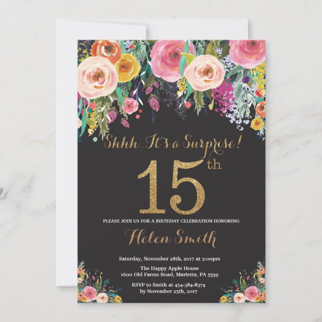 Floral Surprise 15e anniversaire Invitation Gold (Devant)